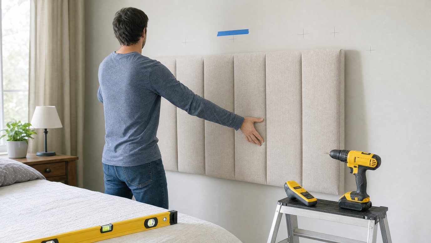 A man holding an upholstered panel headboard against a bedroom wall with a drill, spirit level and step stool beside the bed