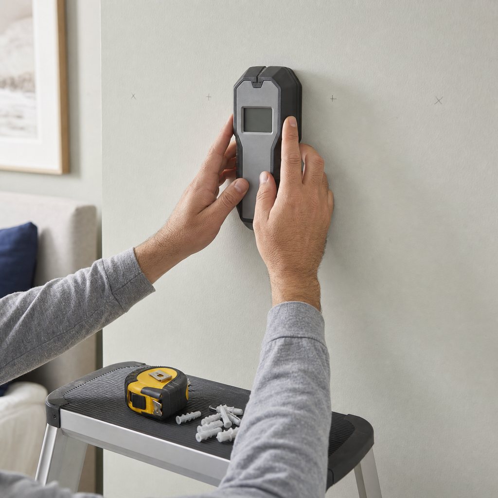 Hands holding an electronic stud finder against a light bedroom wall with pencil marks, a tape measure and wall anchors on a step stool below