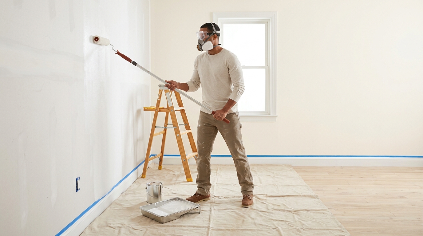 Homeowner rolling primer onto new drywall with roller and tray on a drop cloth safety goggles and respirator visible painter tape on trim demonstrating paint primer before painting walls in a warm minimalist room