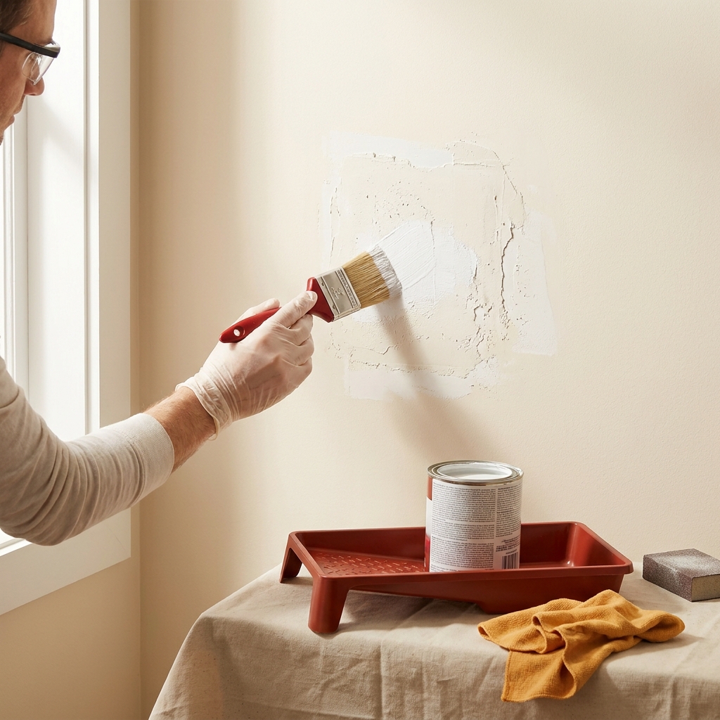 Close up of a small patched wall area being spot primed with a brush showing joint compound texture and tools demonstrating paint primer before painting walls in a tidy warm home setting