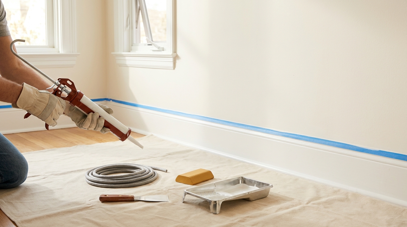 Homeowner holding a caulk gun beside painted baseboards with painter's tape backer rod and tools on a tidy work surface showing how to choose caulk for baseboards in a warm minimalist scene