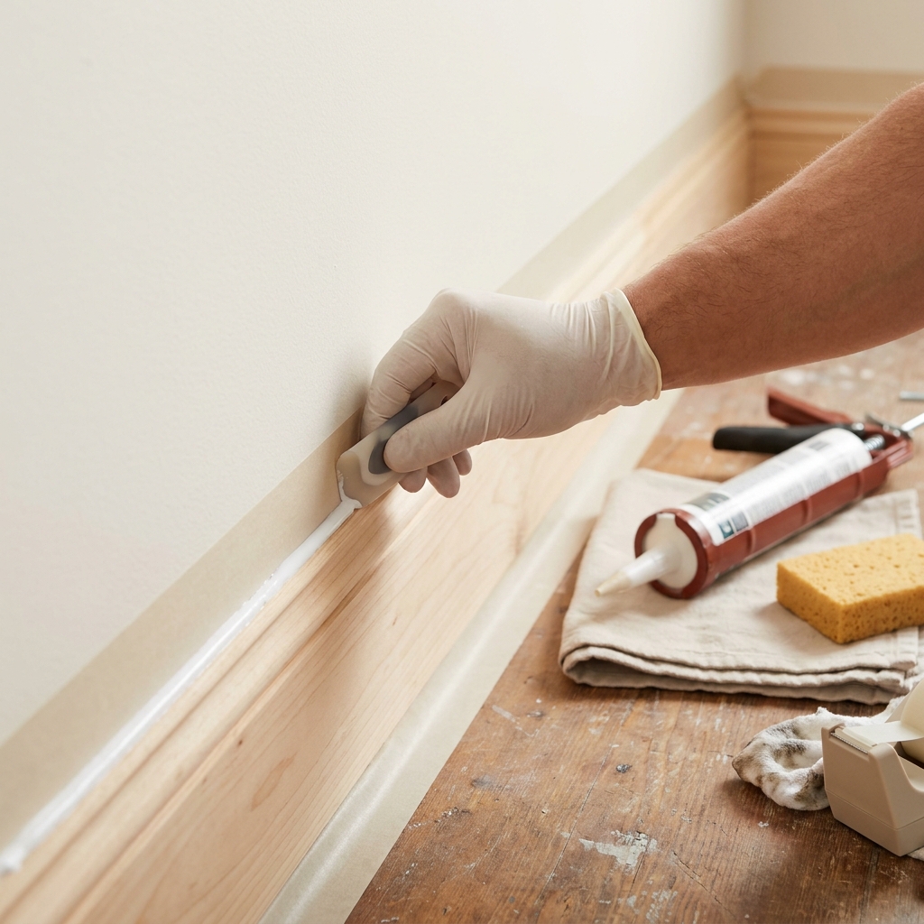 Close up of a hand tooling a neat bead of paintable acrylic caulk along a baseboard with crisp painter tape edges how to choose caulk for baseboards