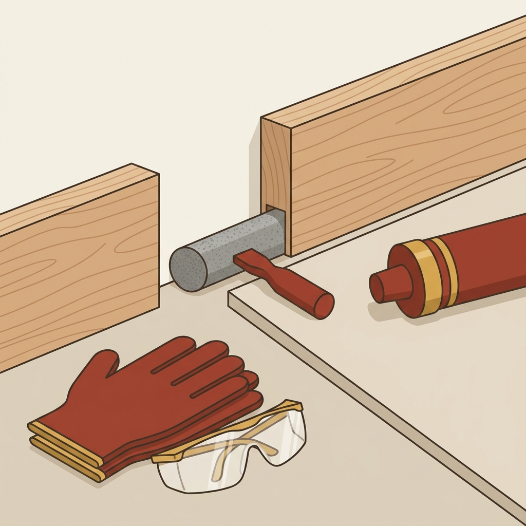 Minimalist 2D vector illustration showing a foam backer rod partially inserted into a wide gap at the base of a wooden trim board with caulk tube gloves and safety glasses nearby how to choose caulk for baseboards