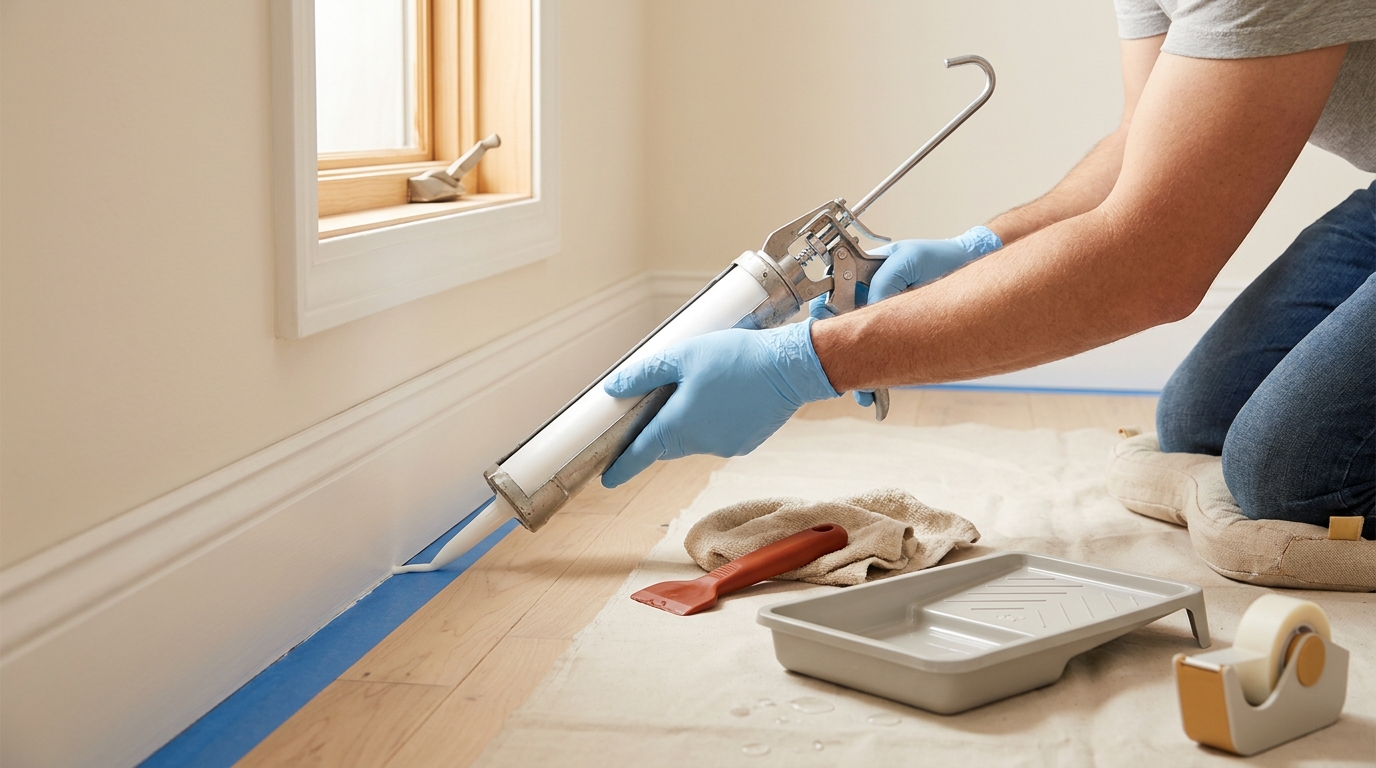 Homeowner wearing gloves applying caulk to a painted baseboard with masking tape and a caulking gun on a clean floor in warm natural light how to choose caulk for baseboards
