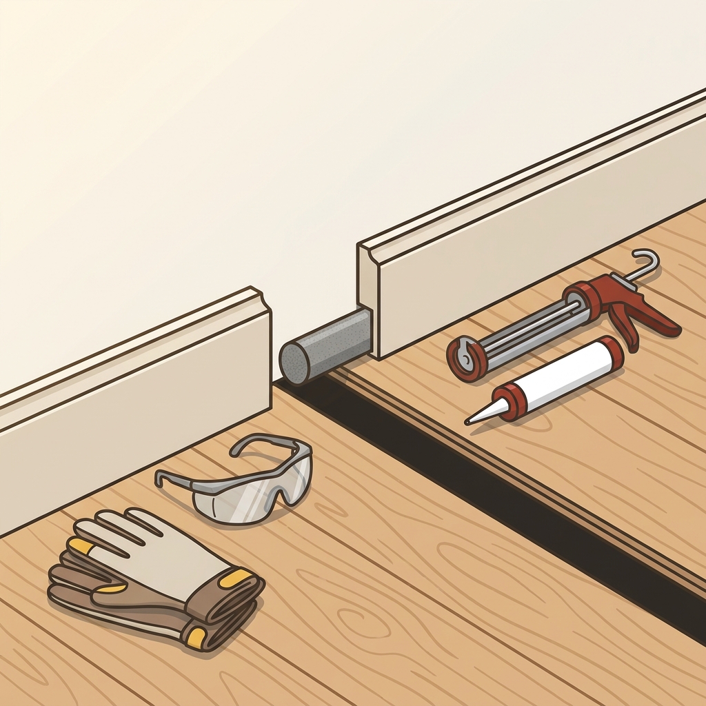 Minimalist 2D vector illustration of a foam backer rod partially inserted into a wide gap behind a baseboard with a caulk tube and caulk gun nearby plus gloves and safety glasses showing how to choose caulk for baseboards