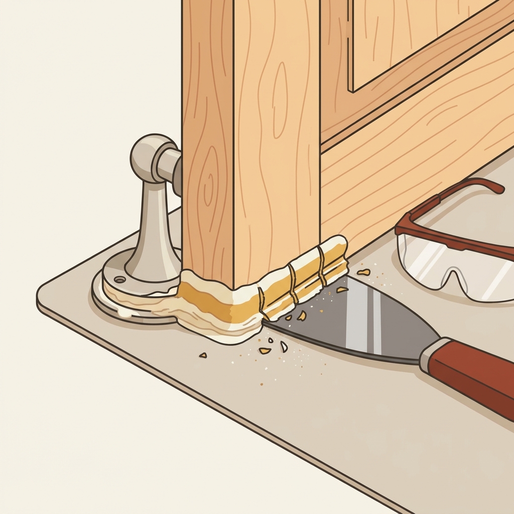 Minimal 2D vector illustration of a door stop with paint buildup and a scored paint bridge being scraped by a metal scraper blade with protective goggles nearby showing how to fix a sticking interior door