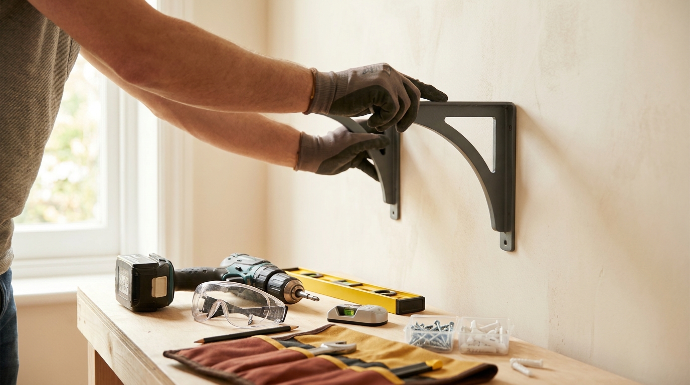 Homeowner holding a shelf bracket against a pale plaster wall with a level drill magnetic stud finder and anchors on a bench demonstrating how to hang shelves on plaster walls