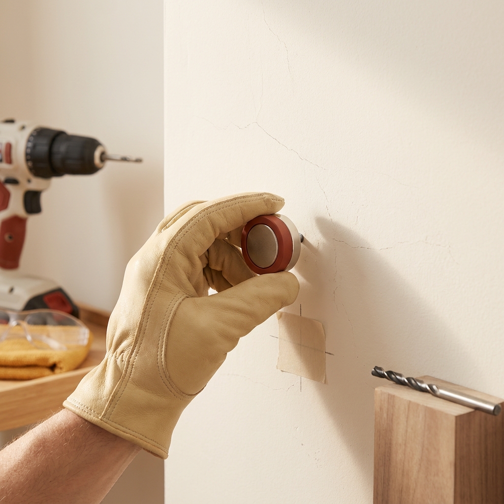 Close up of a magnet locating lath nails in a plaster wall with painter's tape over a mark and a pilot drill bit nearby demonstrating how to hang shelves on plaster walls