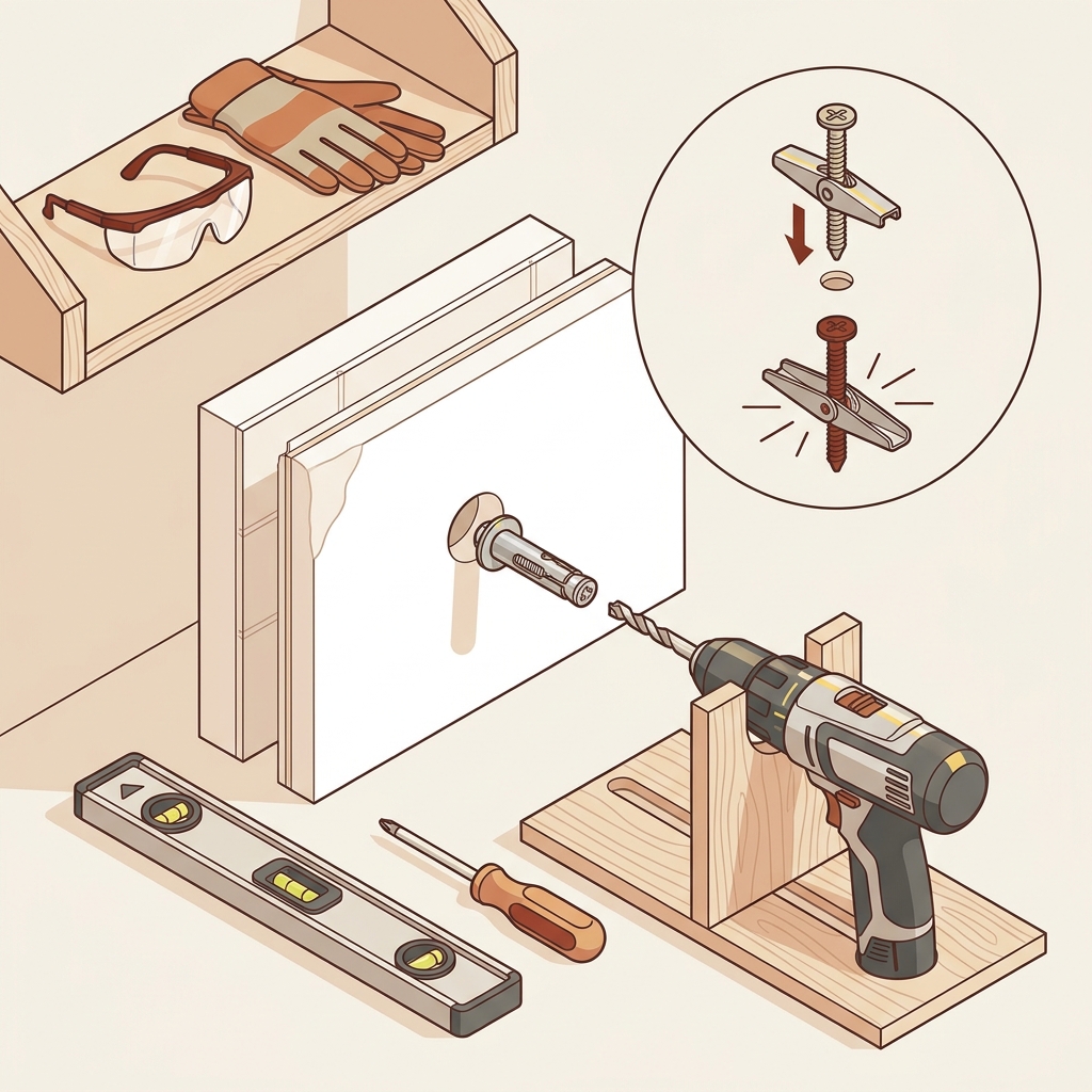 Minimalist vector showing molly bolt and toggle anchor installation in a plaster wall with drill level and safety glasses nearby how to hang shelves on plaster walls