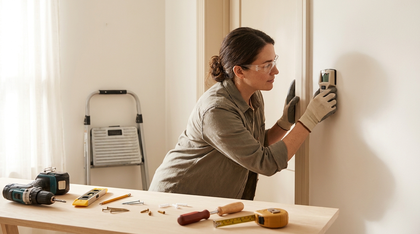 How to hang shelves on plaster walls homeowner inspects plaster wall near trim with magnetic stud finder drill anchors and screws neatly laid out on a tidy workbench against #F6F1E7 background