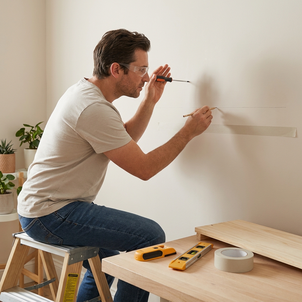 Homeowner tap testing a plaster wall and marking a shelf line with a pencil and low tack masking tape full frame warm practical scene how to hang shelves on plaster walls