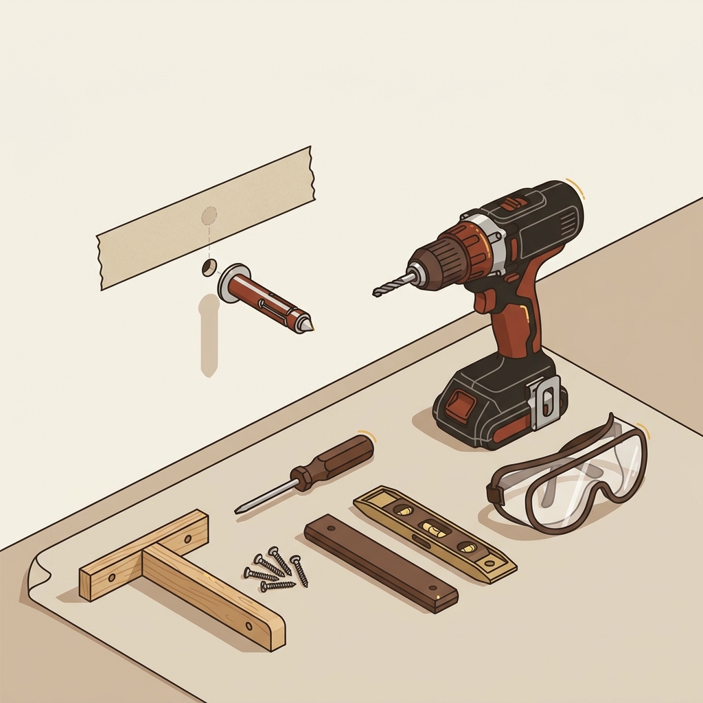 2D vector illustration of a plaster wall close up showing a drilled hole with masking tape a molly anchor a drill and screwdriver demonstrating how to hang shelves on plaster walls no people present