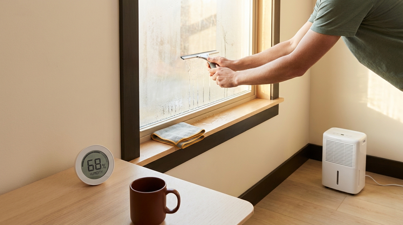 Person squeegeeing a fogged windowsill with a hygrometer on a nearby table and a dehumidifier in the corner illustrating how to stop condensation on windows