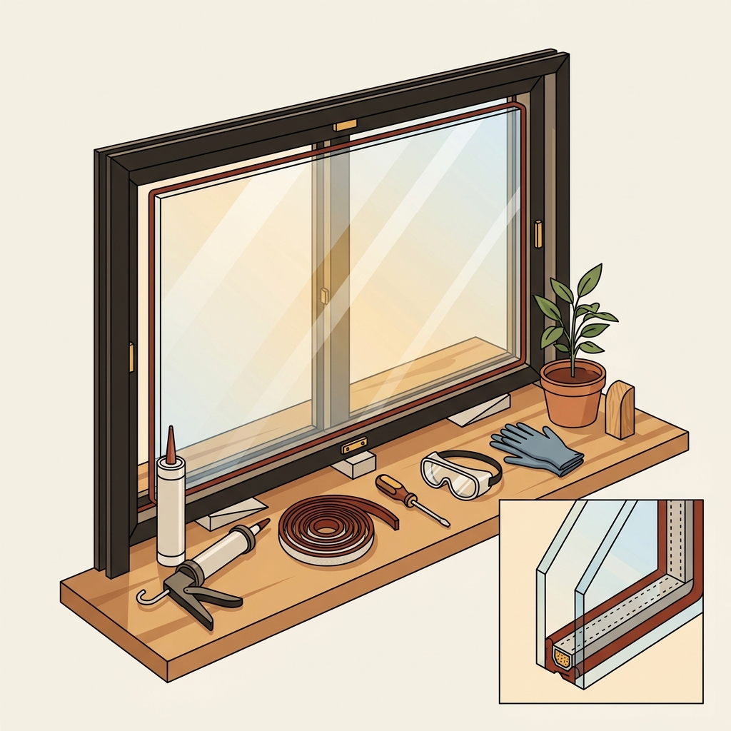 Minimalist 2D vector illustration of a double glazed window installation with a close up of the insulated glass edge showing spacer and sealed perimeter to illustrate how to stop condensation on windows