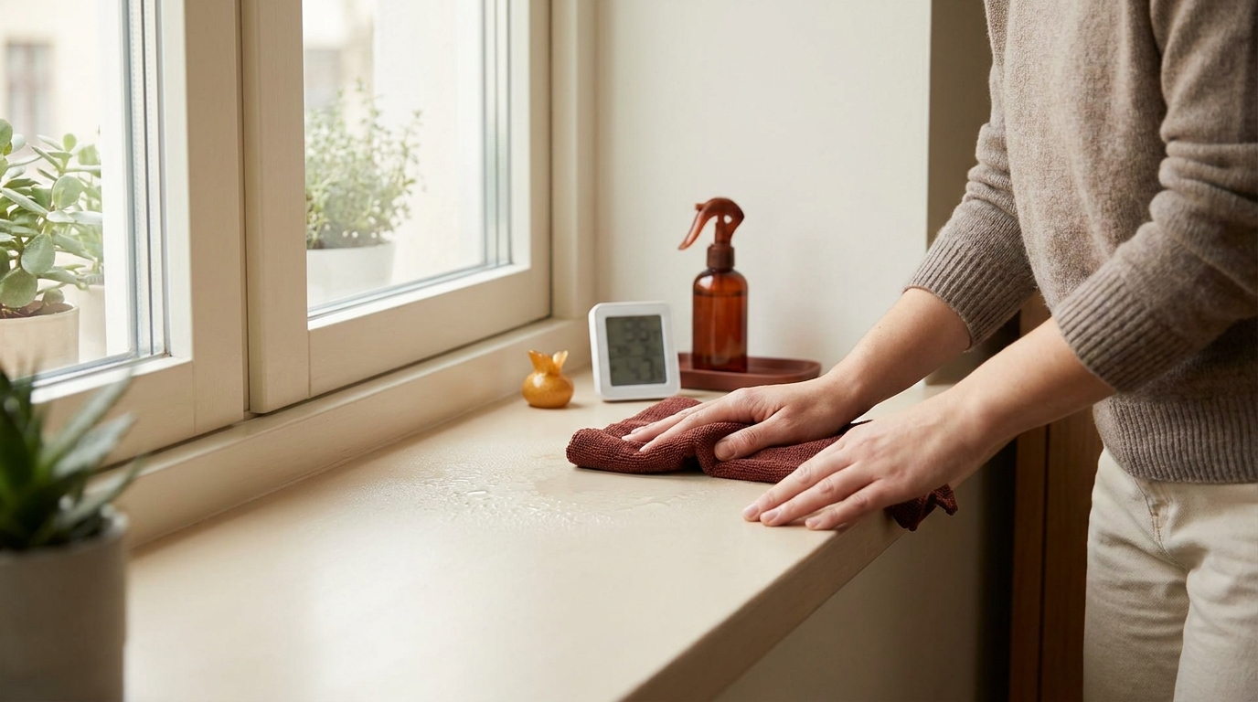 Person wiping a window sill with a cloth next to a small humidity monitor on the sill to demonstrate how to stop condensation on windows in a warm minimalist home setting