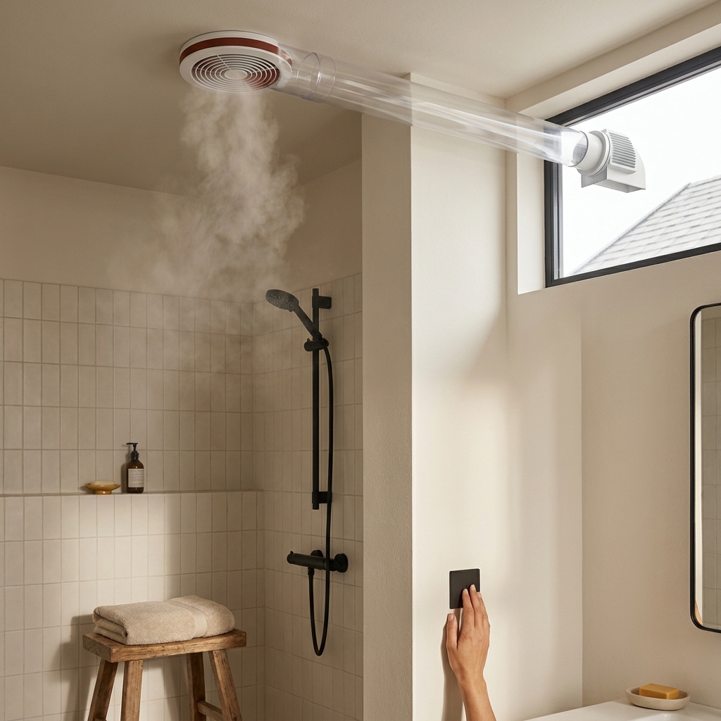 Bathroom fan running over a shower with visible steam drawn through a clear ducting path to an exterior vent demonstrating how to stop condensation on windows by venting moist air