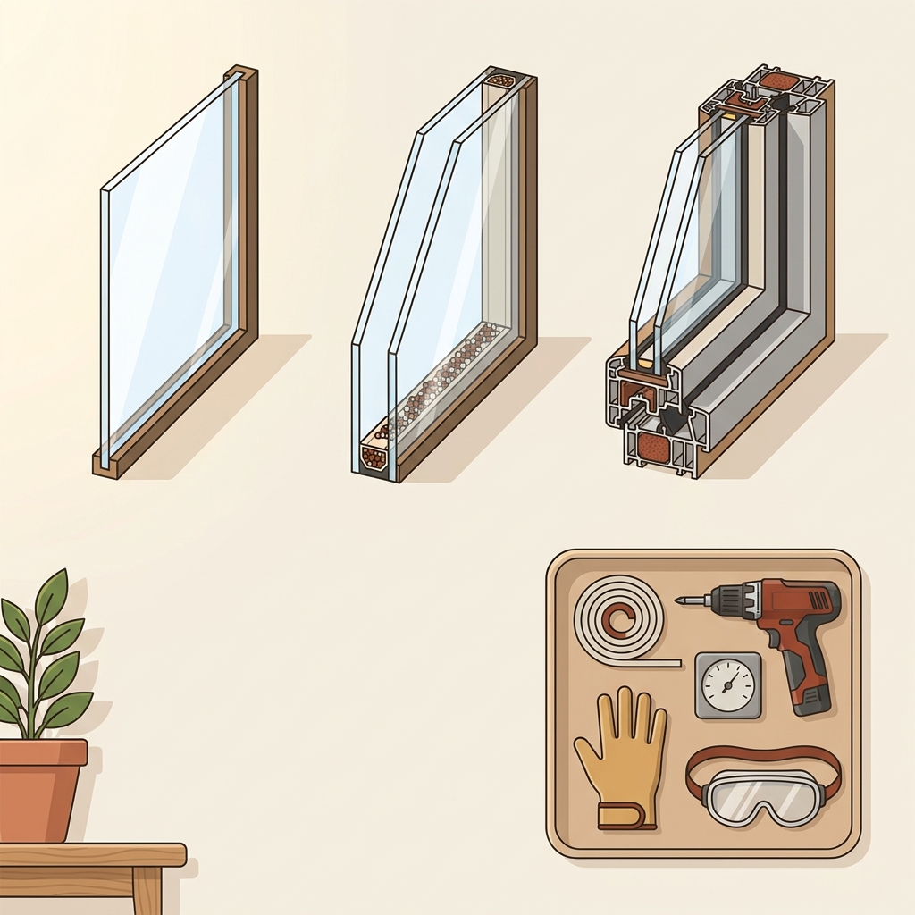 Minimal 2D vector illustration of three window cross sections single pane double pane and insulated frame on a warm home background with tools and safety gear showing how to stop condensation on windows