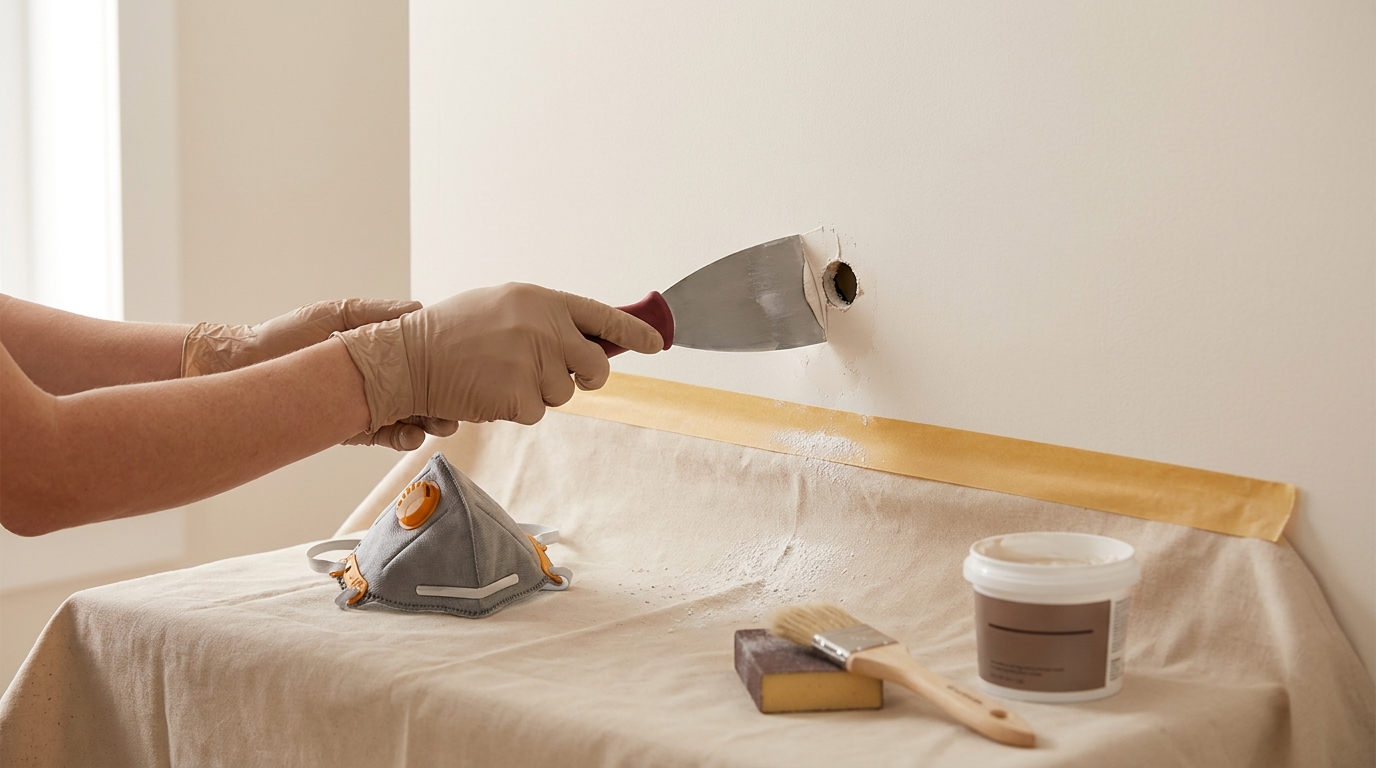 Hands in gloves repairing a small drywall hole with putty knife and joint compound on a drop cloth with tools and dust sheet demonstrating how to patch drywall holes