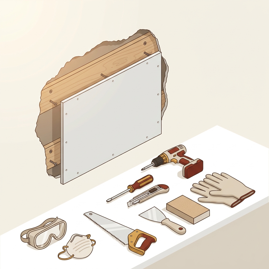 Minimal 2D vector illustration of a cutback drywall repair with backing installed behind a larger hole and a new drywall piece aligned ready to be screwed in tools and safety gear visible how to patch drywall holes