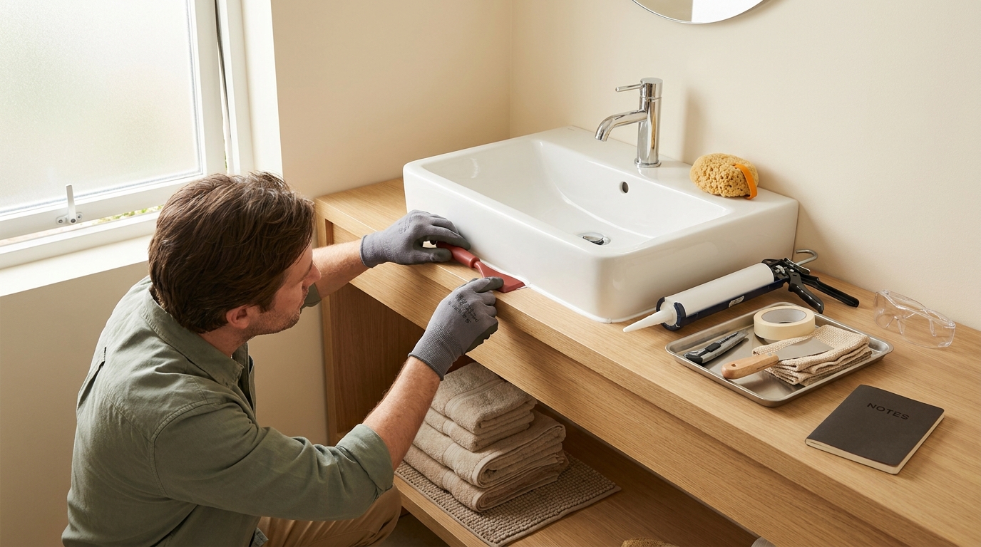 Homeowner kneeling at bathroom sink applying silicone with caulk gun how to reseal a bathroom sink tools neatly arranged towels under sink in warm minimalist bathroom bright natural light