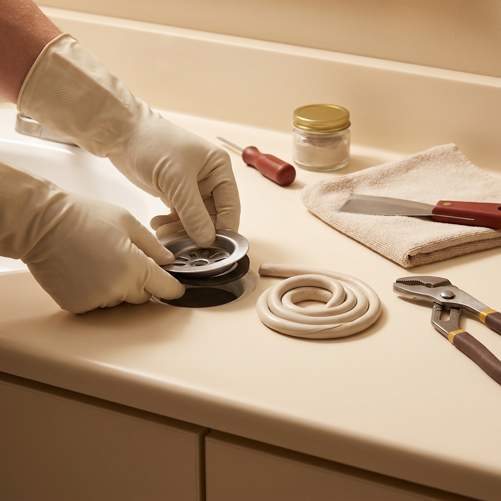 Close up of gloved hands reassembling a sink drain flange with a rolled putty rope putty knife and rags on a warm beige countertop how to reseal a bathroom sink