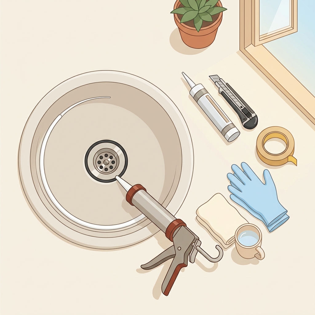 Minimal 2D vector of a caulking gun applying a neat silicone bead around a bathroom sink drain with tools gloves and open window for ventilation how to reseal a bathroom sink