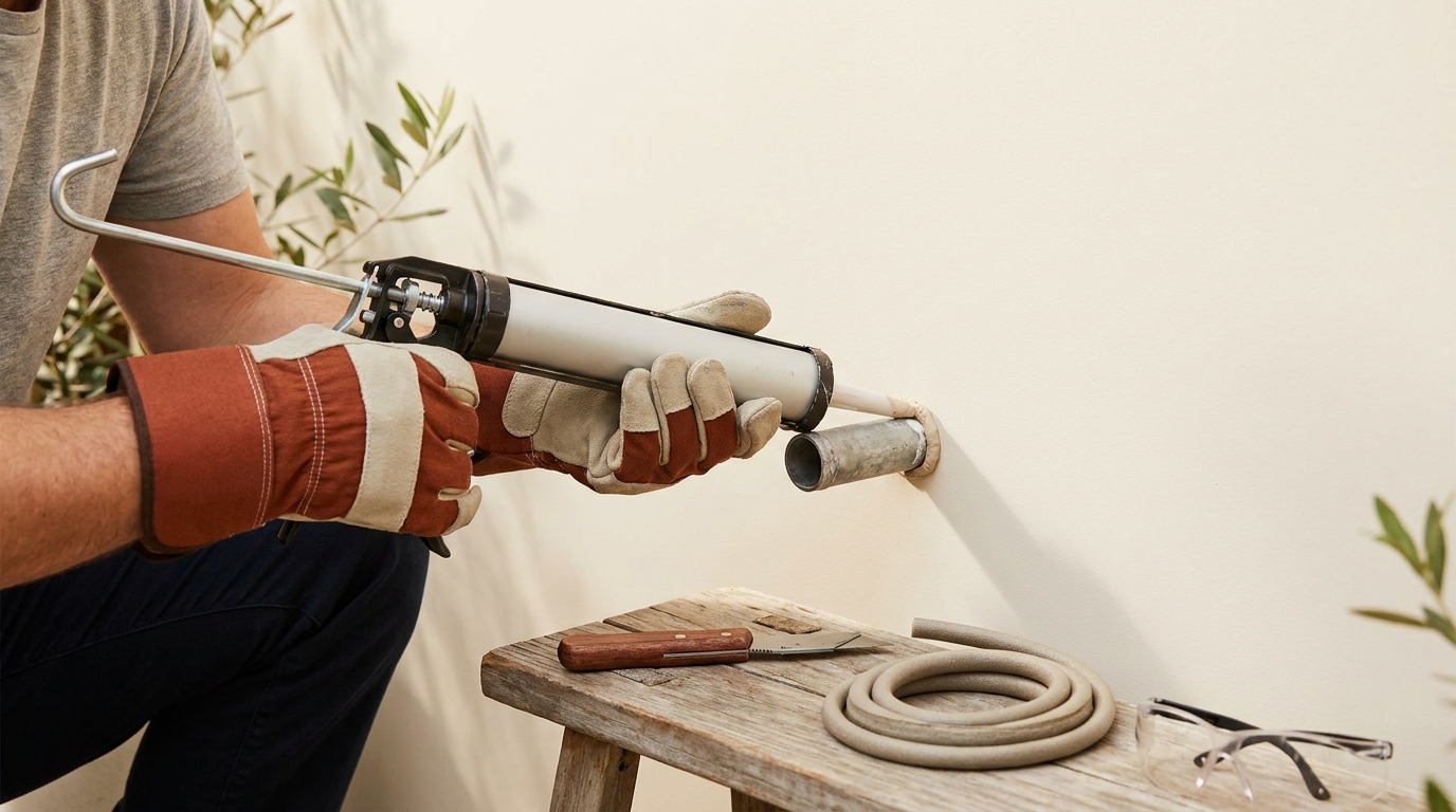 Exterior wall pipe penetration with repair materials nearby