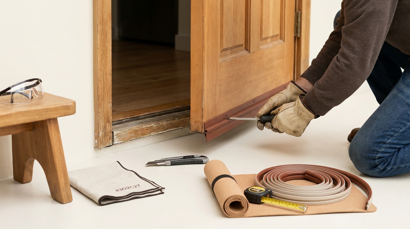 Homeowner fitting a door sweep on an exterior entry with tools on a small work mat showing jamb and threshold in a warm minimalist setting