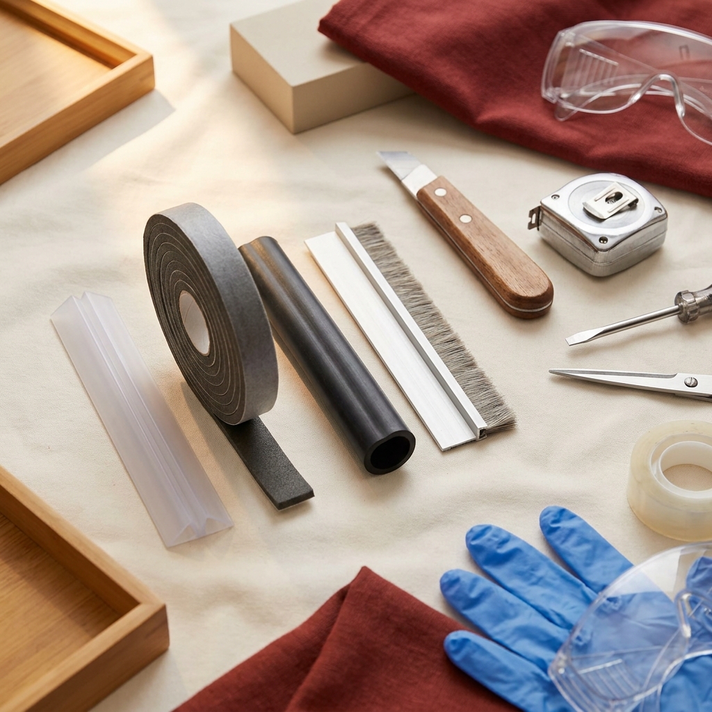 Close up overhead arrangement of four door weatherstripping types V strip foam tape tubular gasket and door sweep with tape measure utility knife scissors screwdriver gloves and goggles on a pale #F6F1E7 background showing