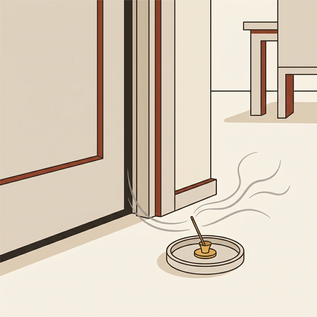 Vector illustration of a smoke test using incense near a closed door jamb showing smoke flow toward the weatherstrip gap for