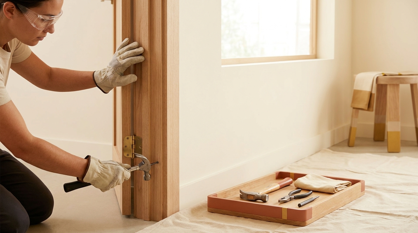 Homeowner supports door while removing a hinge pin with tools laid out and clear protective gloves visible how can i fix a squeaky door hinge sound