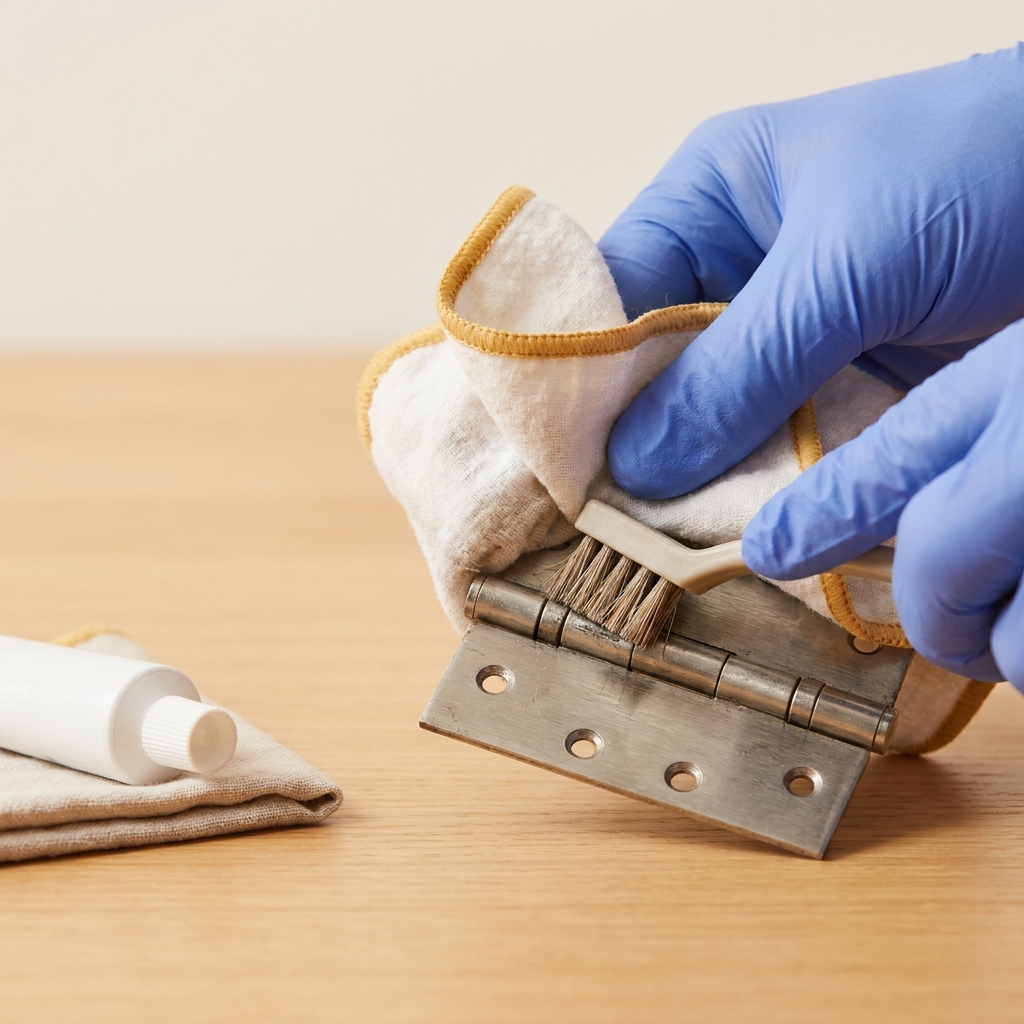 Close up of hand cleaning a door hinge pin with a rag and small brush next to a tube of silicone grease how can i fix a squeaky door hinge sound