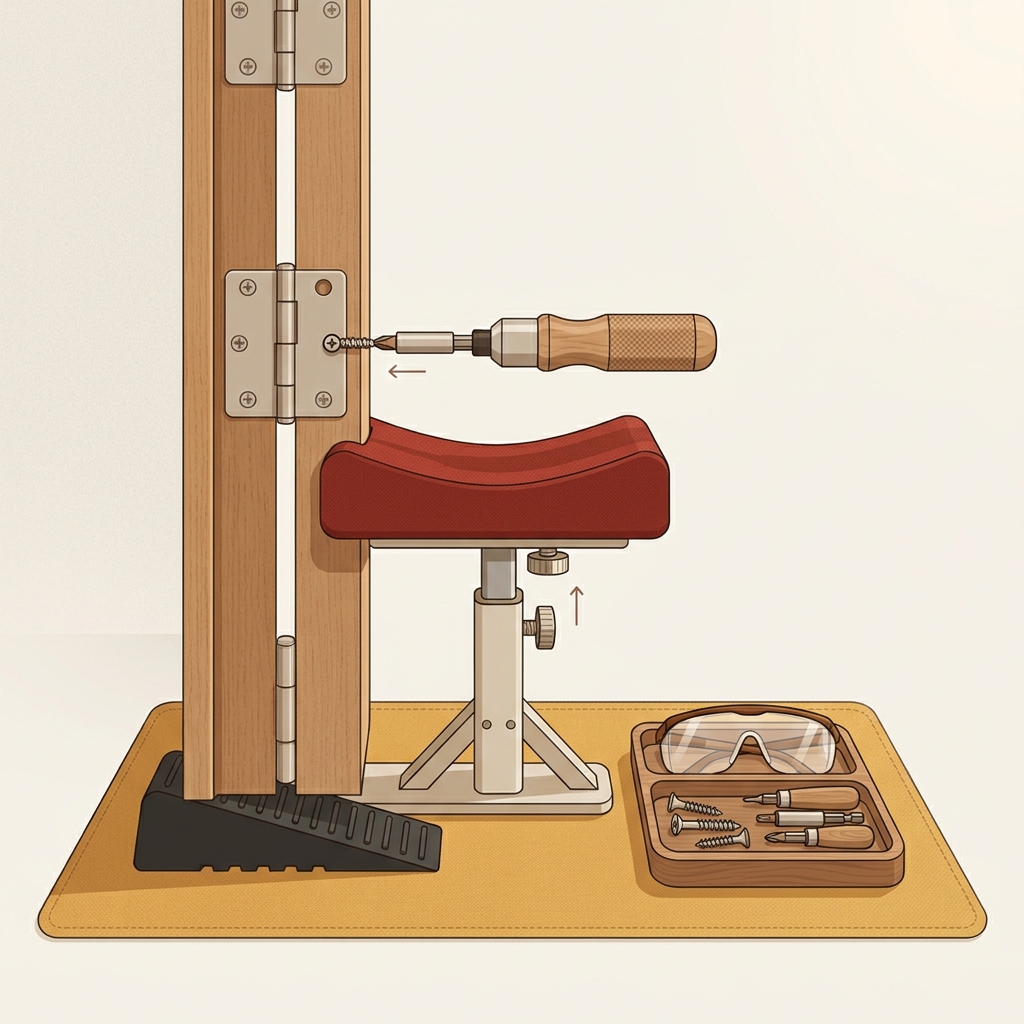 Minimal 2D vector of a door hinge repair setup showing a cordless screwdriver engaged in a hinge screw, a padded door support stand holding the heavy exterior door, rubber wedge and protected floor how can i fix a squeaky door hinge sound
