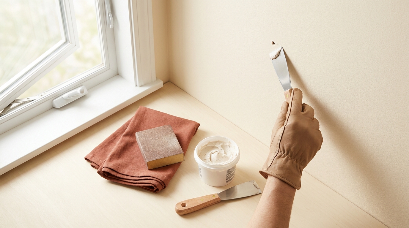 Homeowner repairing a small nail hole with spackle putty knife and sanding block on tidy surface should i use spackle or caulk to fill nail holes