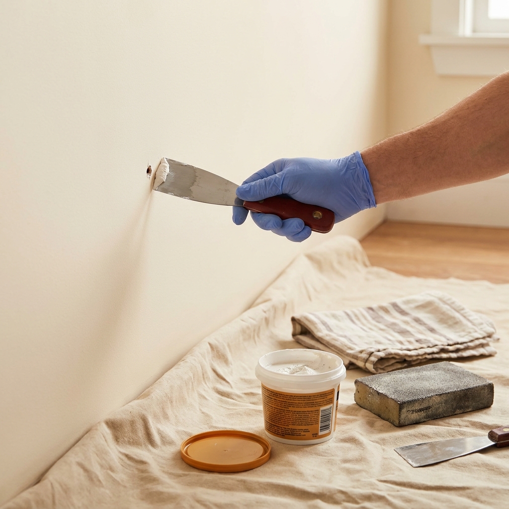 Gloved hand applying spackle with a putty knife to a small nail hole in a warm cream wall with drop cloth and sanding sponge visible should i use spackle or caulk to fill nail holes