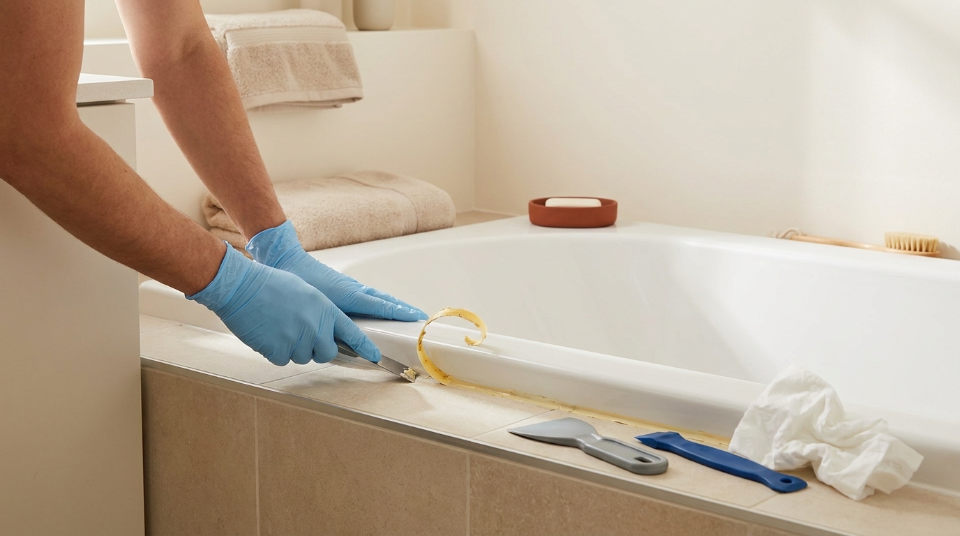Homeowner scoring and peeling old silicone bead from bathtub joint with scraper and nitrile gloves visible minimalist warm bathroom should i remove old silicone sealant before applying new