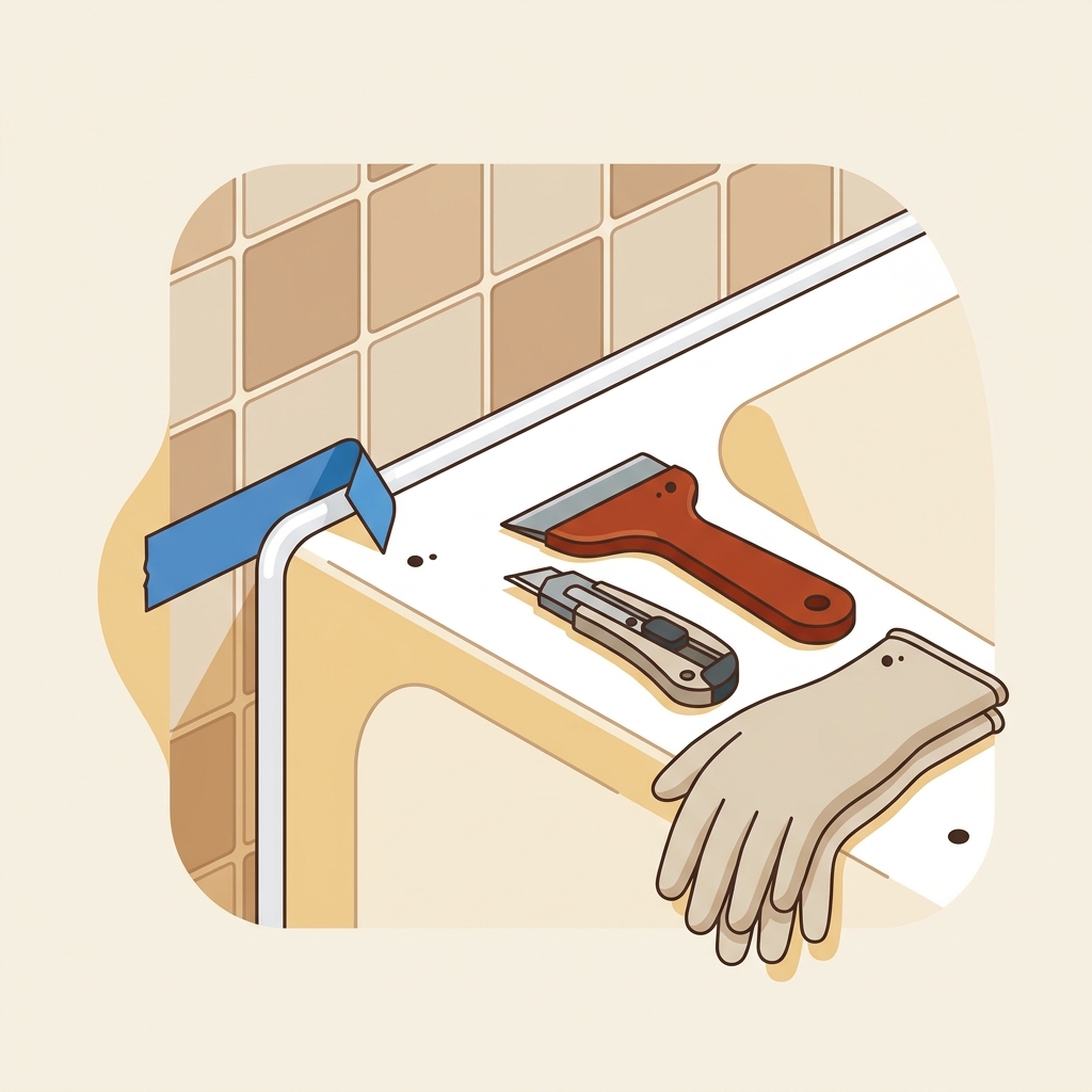 2D vector illustration of a freshly tooled silicone bead between tub and tile with masking tape peeled away, smoothing tool, retracted blade knife and gloves nearby should i remove old silicone sealant before applying new