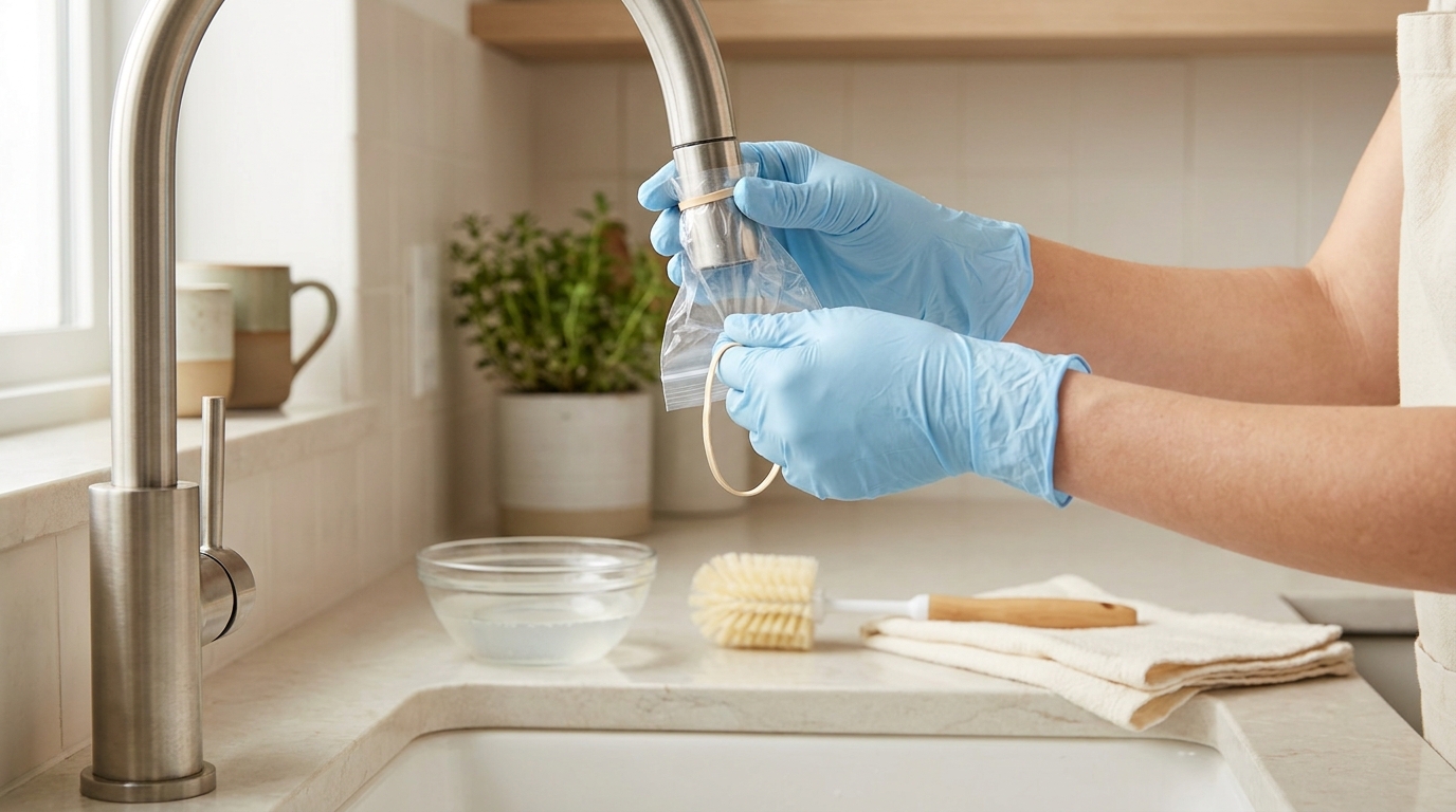 Homeowner wearing gloves fits a small plastic bag over a faucet aerator and secures it with a rubber band while a soft brush and tools rest on the sink edge can i clean a faucet aerator without removing it