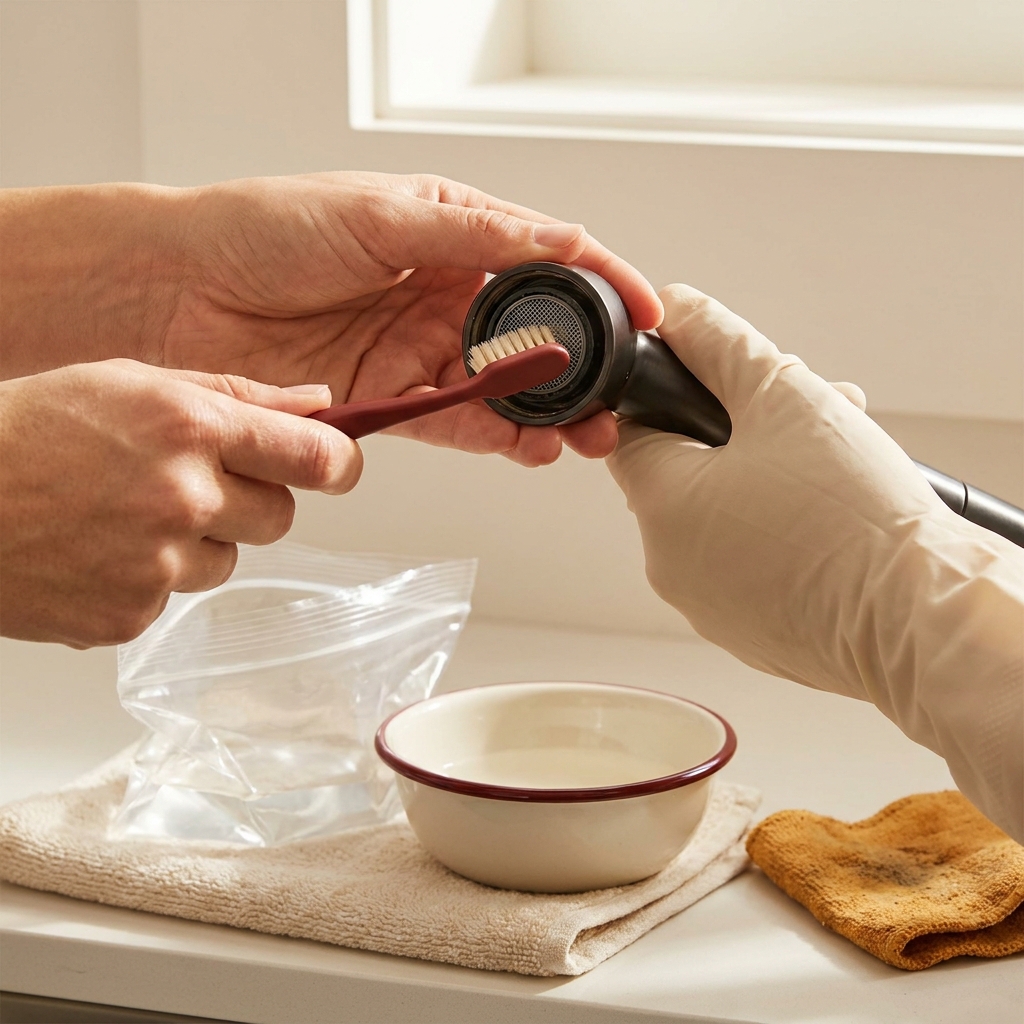 Close up of hand cleaning faucet aerator face with a soft toothbrush after a vinegar soak with the bag removed on a towel can i clean a faucet aerator without removing it