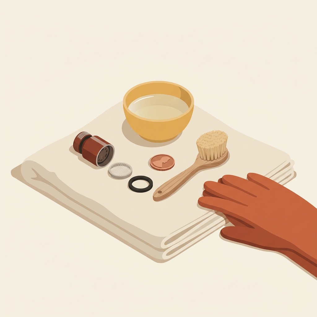 Minimalist 2D vector illustration of a disassembled faucet aerator with screen housing and gasket on a clean towel next to a coin soft brush and a small bowl and gloves showing cleaning tools and steps can i clean a faucet aerator without removing it