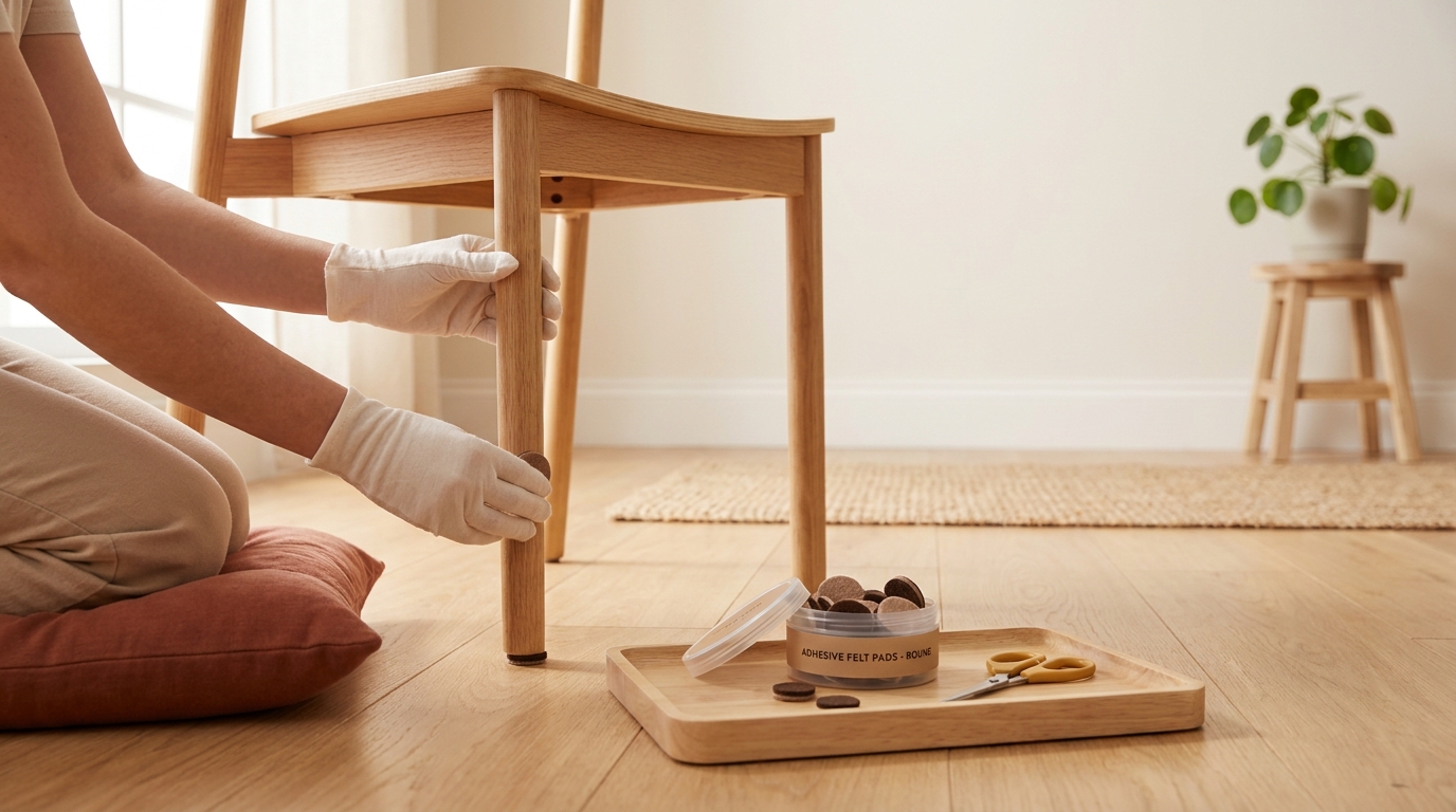 Person fitting felt pads to chair legs on hardwood floor with container of pads and basic tools showing how to stop furniture from scratching the floor