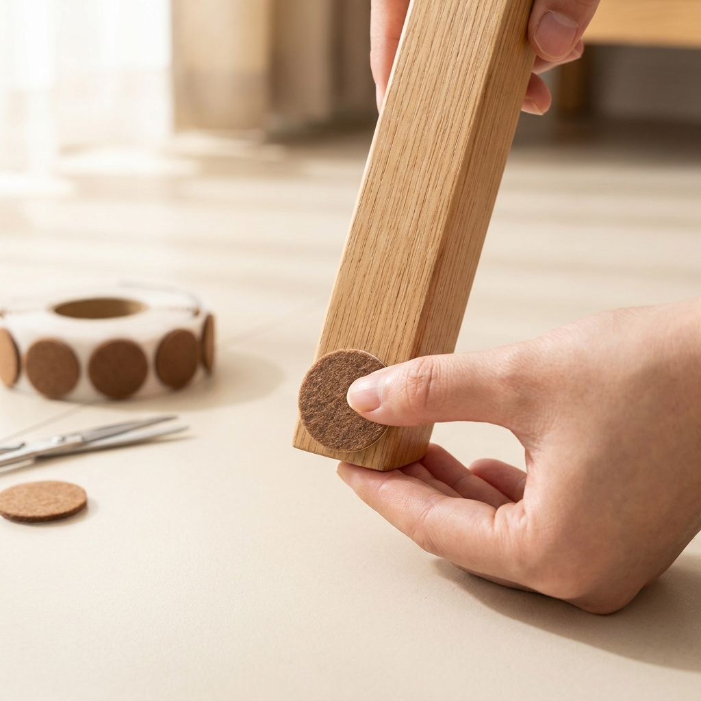 Close up of a hand pressing an adhesive felt pad onto a wooden chair leg on a clean floor demonstrating how to stop furniture from scratching the floor with tools in soft focus