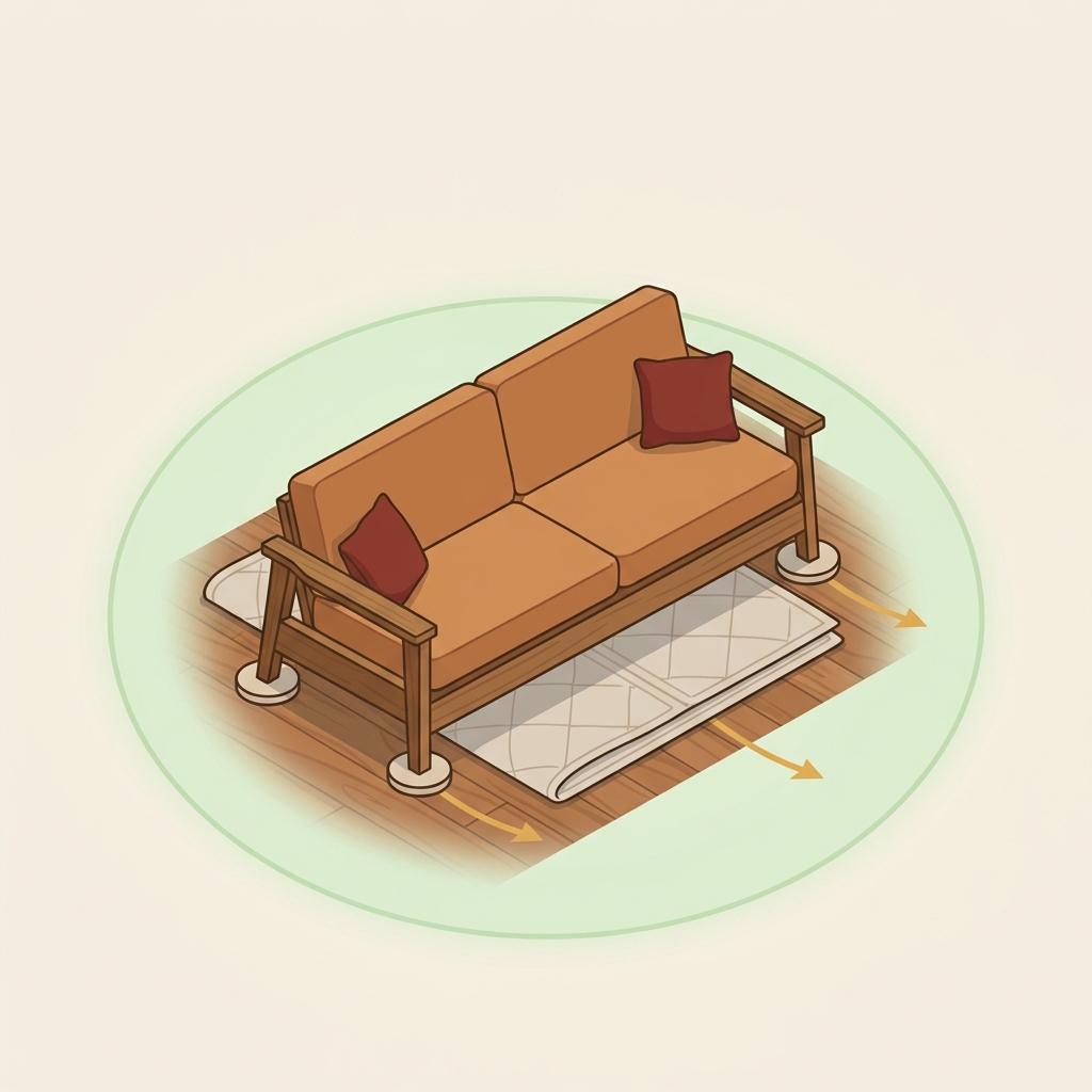 2D vector illustration of a sofa being moved across a natural wood floor with furniture sliders and a moving blanket showing safe repositioning steps how to stop furniture from scratching the floor