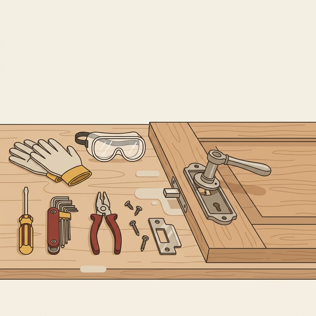 Tool kit on a wooden bench with screwdriver hex key pliers spare screws and a door edge showing a lever mechanism ready for repair how do i tighten a loose lever style door handle