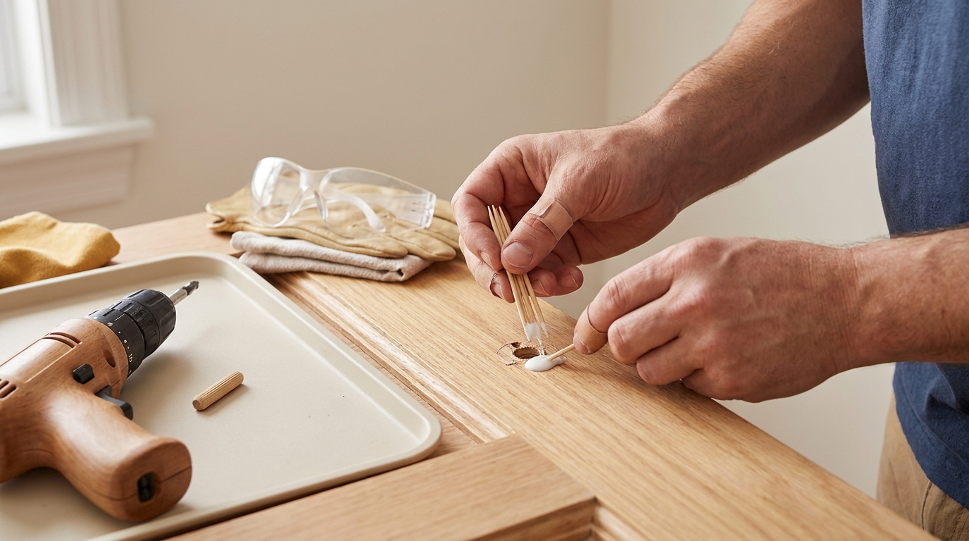 Close up of homeowner repairing stripped hinge with toothpicks wood glue bottle drill and dowel on interior door can you use wood glue to fix a stripped screw hole