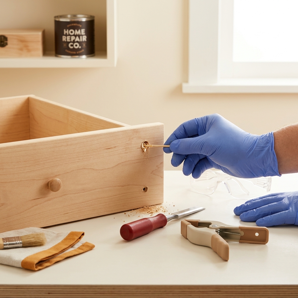 Close up of a gloved hand packing sawdust and wood glue into a stripped screw hole in a drawer front with a small chisel and clamp nearby can you use wood glue to fix a stripped screw hole