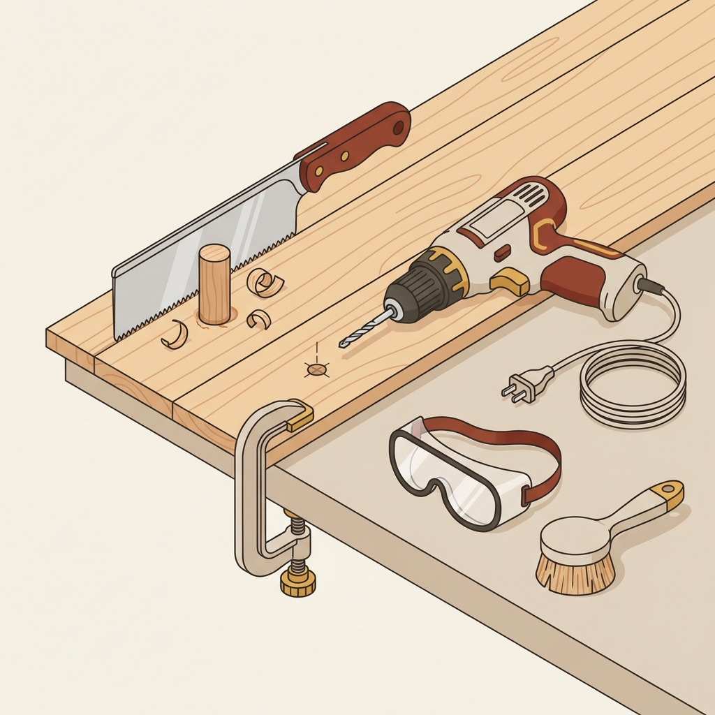 Vector illustration of a glued dowel plug cut flush and small pilot hole being drilled for a replacement screw with clamp and goggles can you use wood glue to fix a stripped screw hole