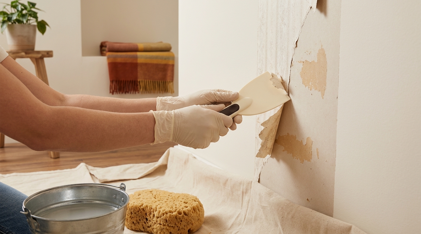 Homeowner scraping wallpaper from drywall with a plastic putty knife over a beige drop cloth and bucket, tidy minimalist scene in Home by Doing colors can wallpaper be removed without damaging the wall