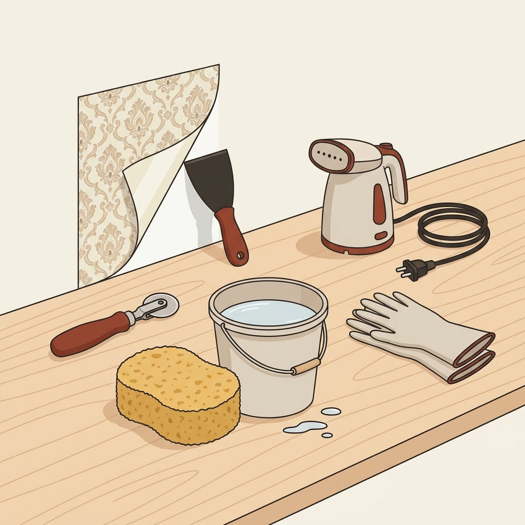 Minimal 2D vector showing wallpaper removal scene with a small peeled wallpaper strip revealing intact wall tools arranged include putty knife scoring tool sponge bucket unplugged steamer gloves can wallpaper be removed without damaging the wall