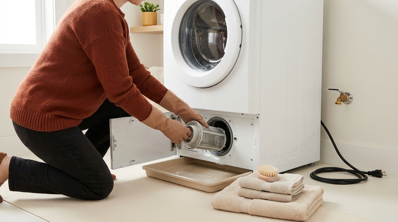 Person kneeling at front load washer with lower panel open removing filter into shallow tray with towels nearby do all washing machines have filters that need to be cleaned